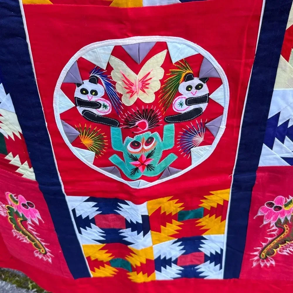 Vintage Chinese Handmade Folk Art Bai Jia Bei Quilt Dragon Panda Frog Two Sided